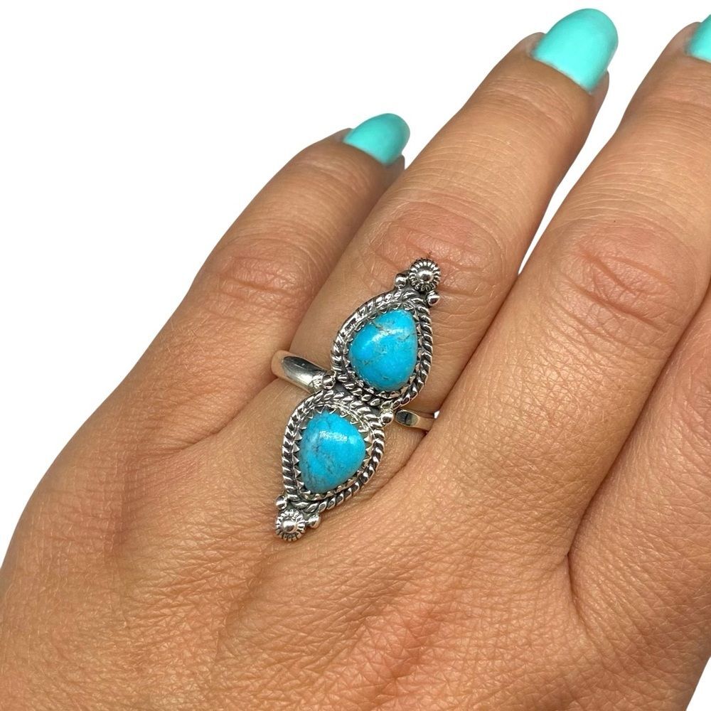 Kingman Turquoise Ring Solid 925 Sterling Silver Adjustable 4.5 - 6